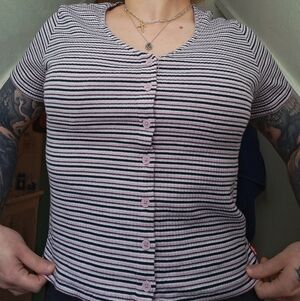 Levi's 100% Cotton Y2K Style Pink Striped Button-Front Ribbed Knit Baby Tee